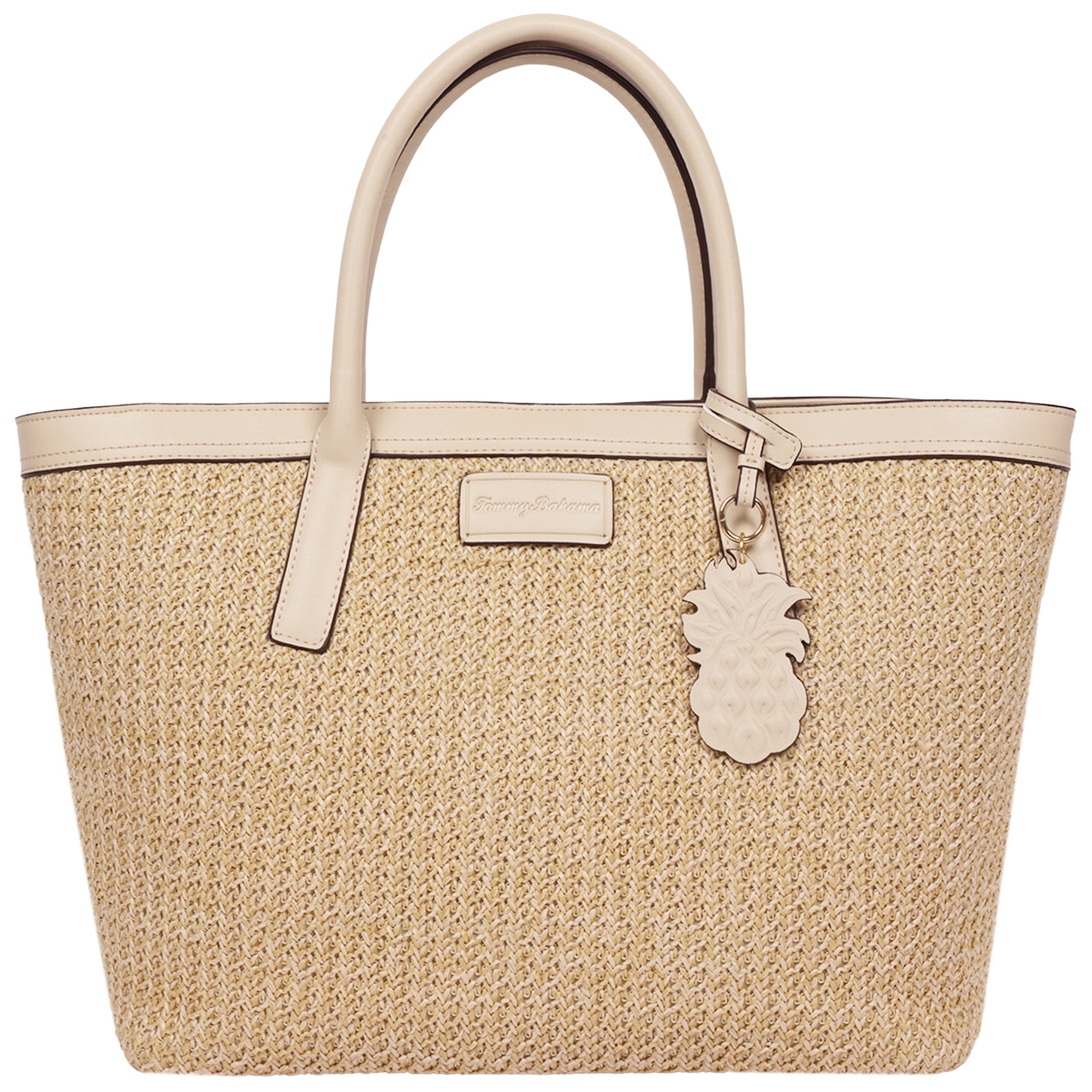 Tommy Bahama Raffia & PU Large Logo Tote – Woven Straw Beach Tote with Pineapple Charm