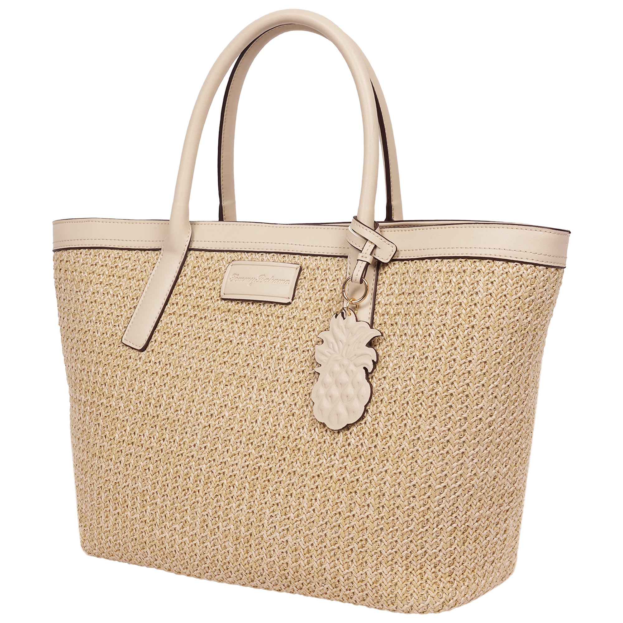 Tommy Bahama Raffia & PU Large Logo Tote – Woven Straw Beach Tote with Pineapple Charm