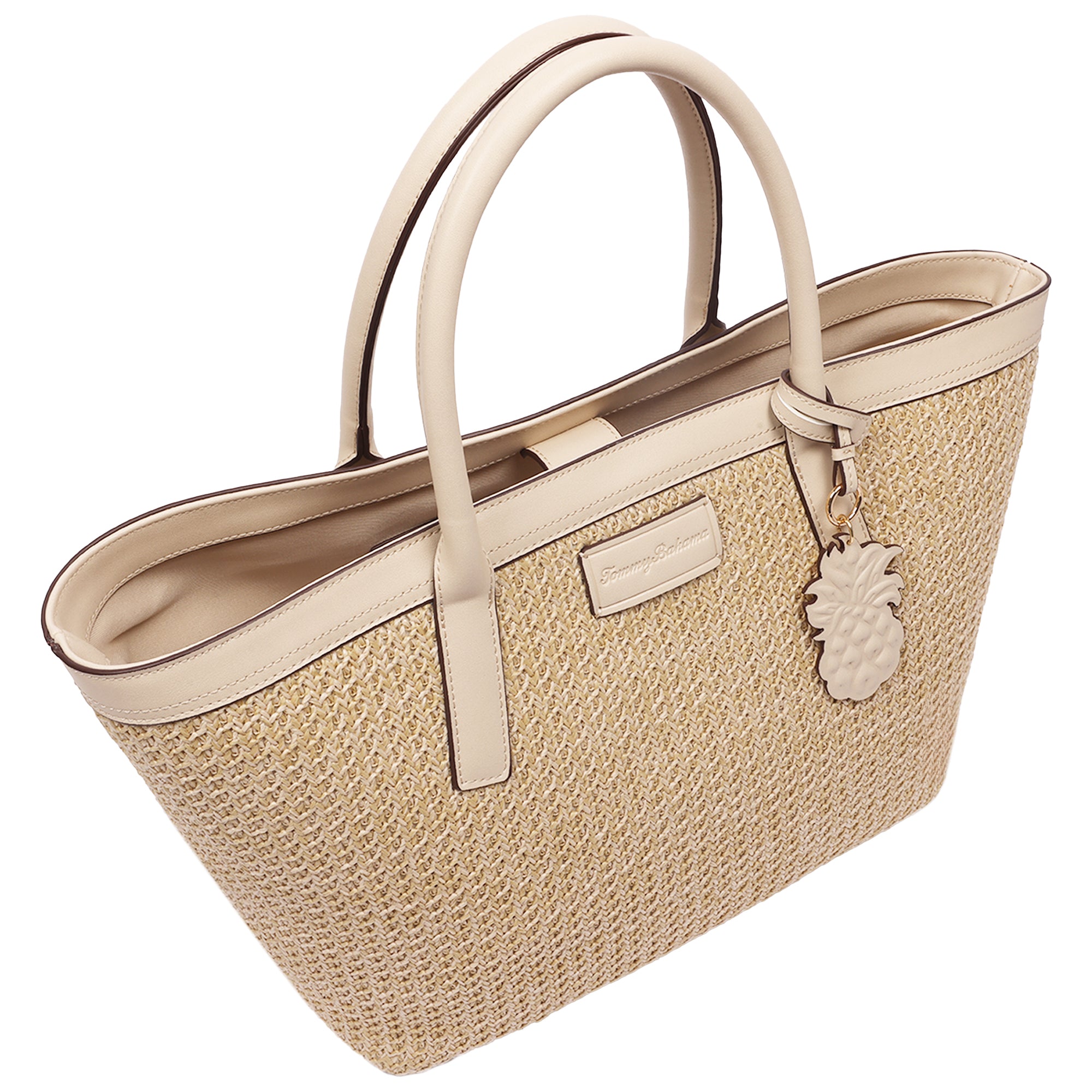 Tommy Bahama Raffia & PU Large Logo Tote – Woven Straw Beach Tote with Pineapple Charm