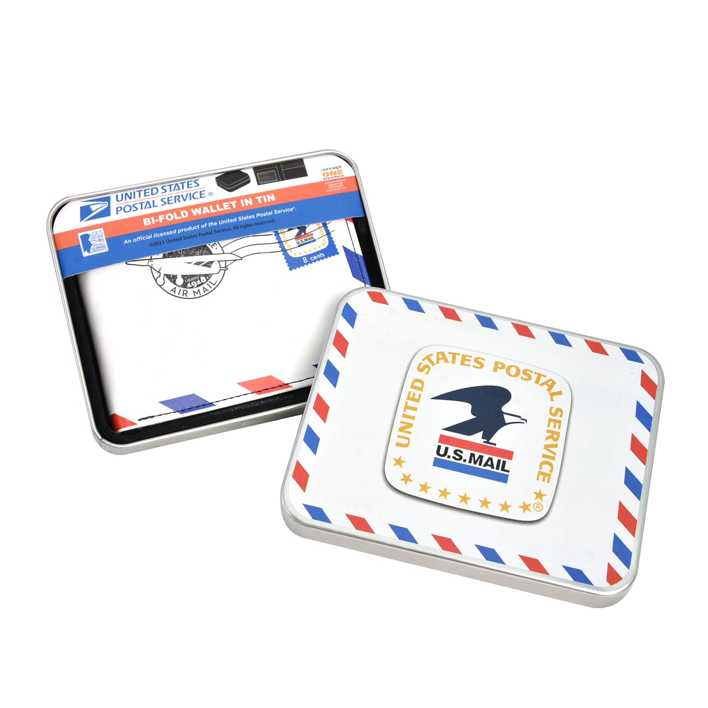 USPS U.S Mail Eagle Stamp Logo Bifold Wallet, Slim Wallet in Decorative Tin Case Multi, Unisex