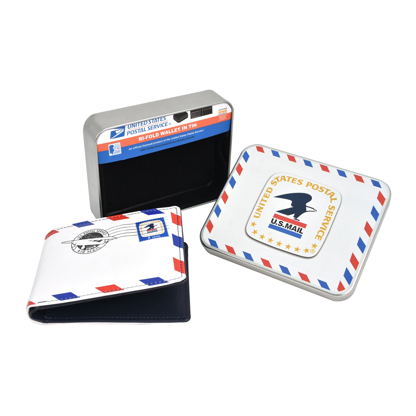 USPS U.S Mail Eagle Stamp Logo Bifold Wallet, Slim Wallet in Decorative Tin Case Multi, Unisex