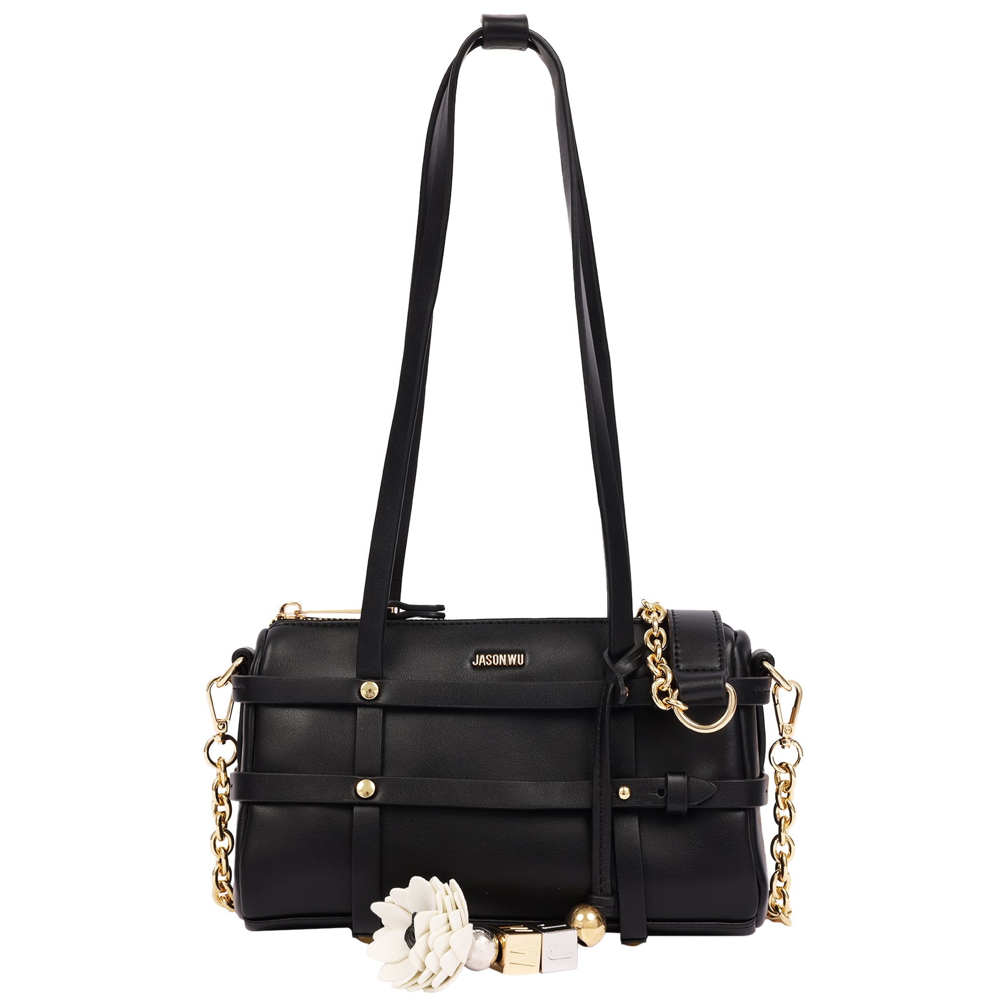 Jason Wu Harness Medium Satchel Shoulder Bag with Convertible Chain Strap & Floral Charm – Black