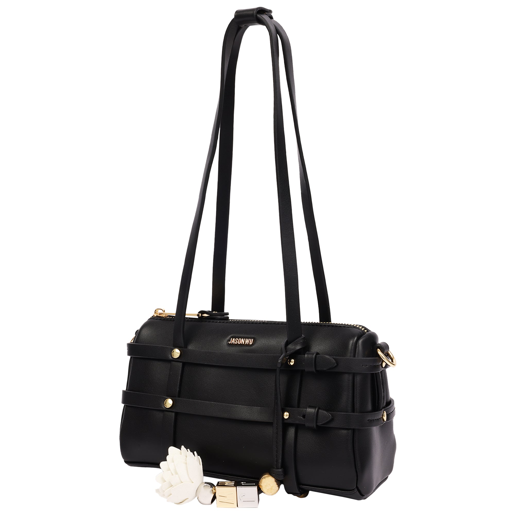 Jason Wu Harness Medium Satchel Shoulder Bag with Convertible Chain Strap & Floral Charm – Black
