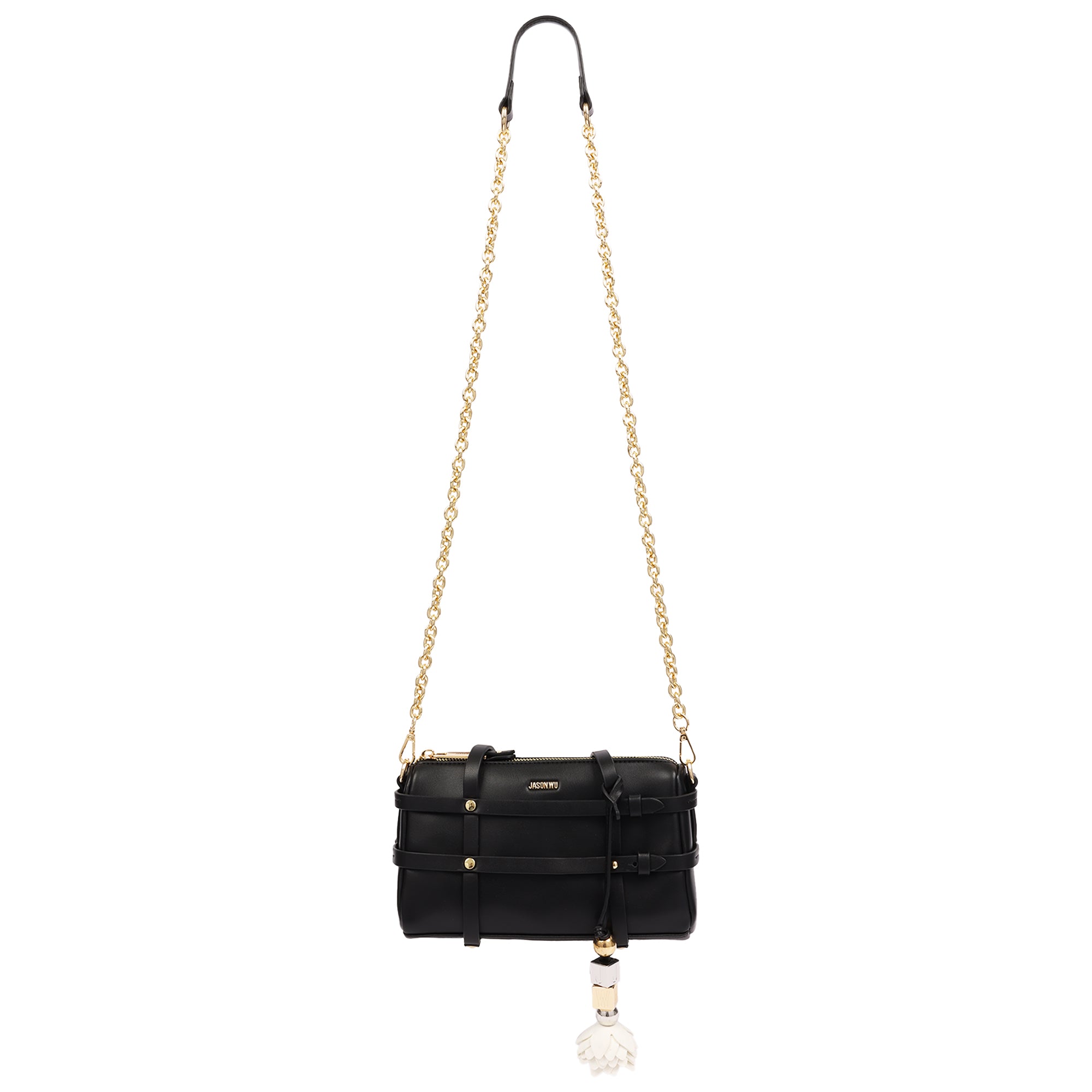 Jason Wu Harness Medium Satchel Shoulder Bag with Convertible Chain Strap & Floral Charm – Black