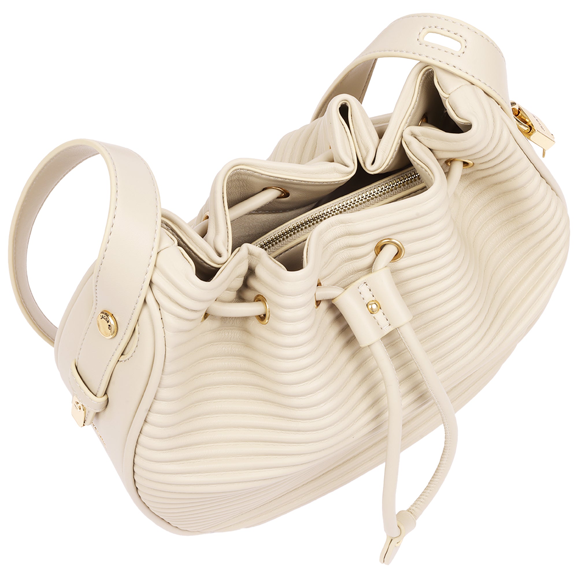 Jason Wu Haywood 3D Horizon Pleated Bucket Shoulder Bag with Drawstring Closure – Bone