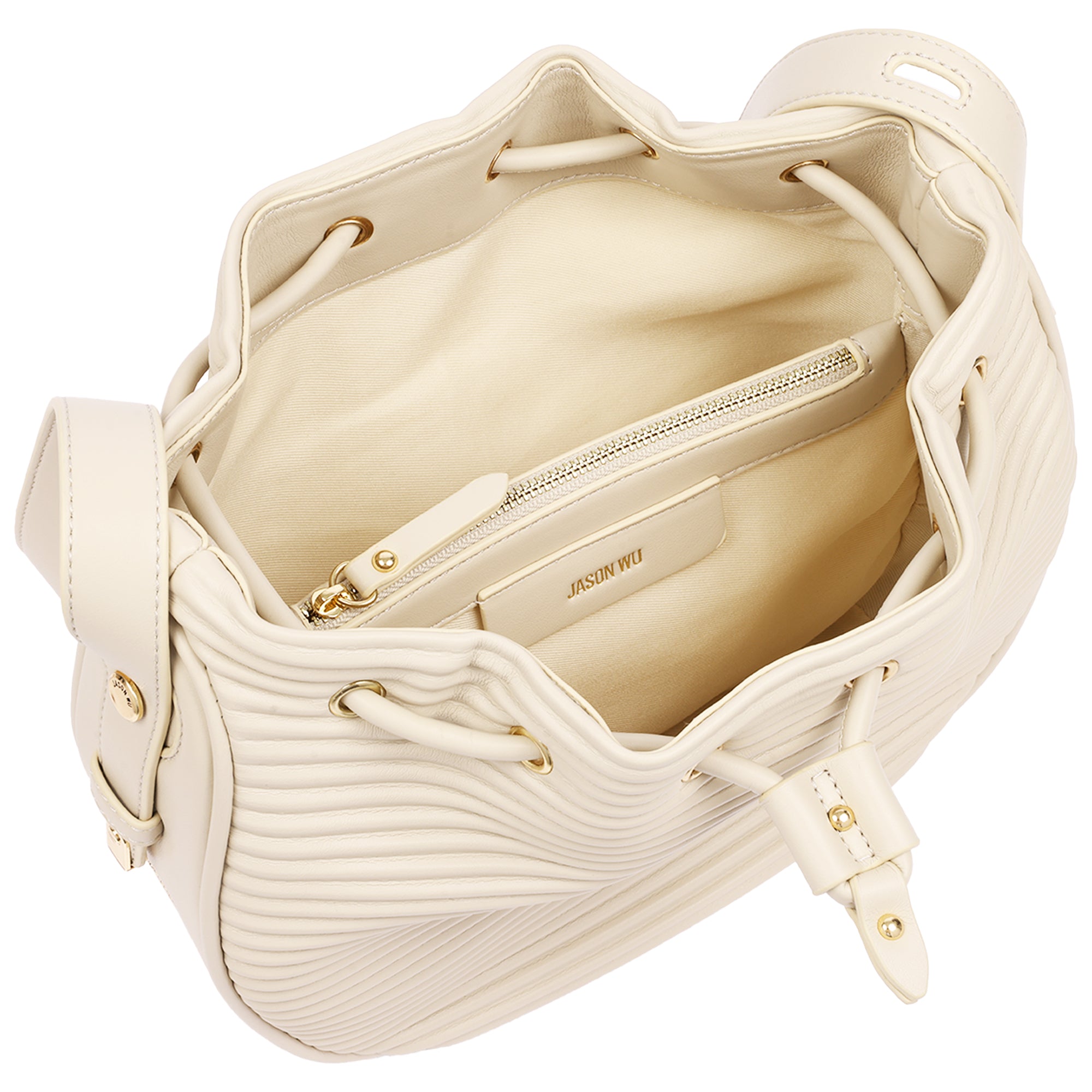 Jason Wu Haywood 3D Horizon Pleated Bucket Shoulder Bag with Drawstring Closure – Bone