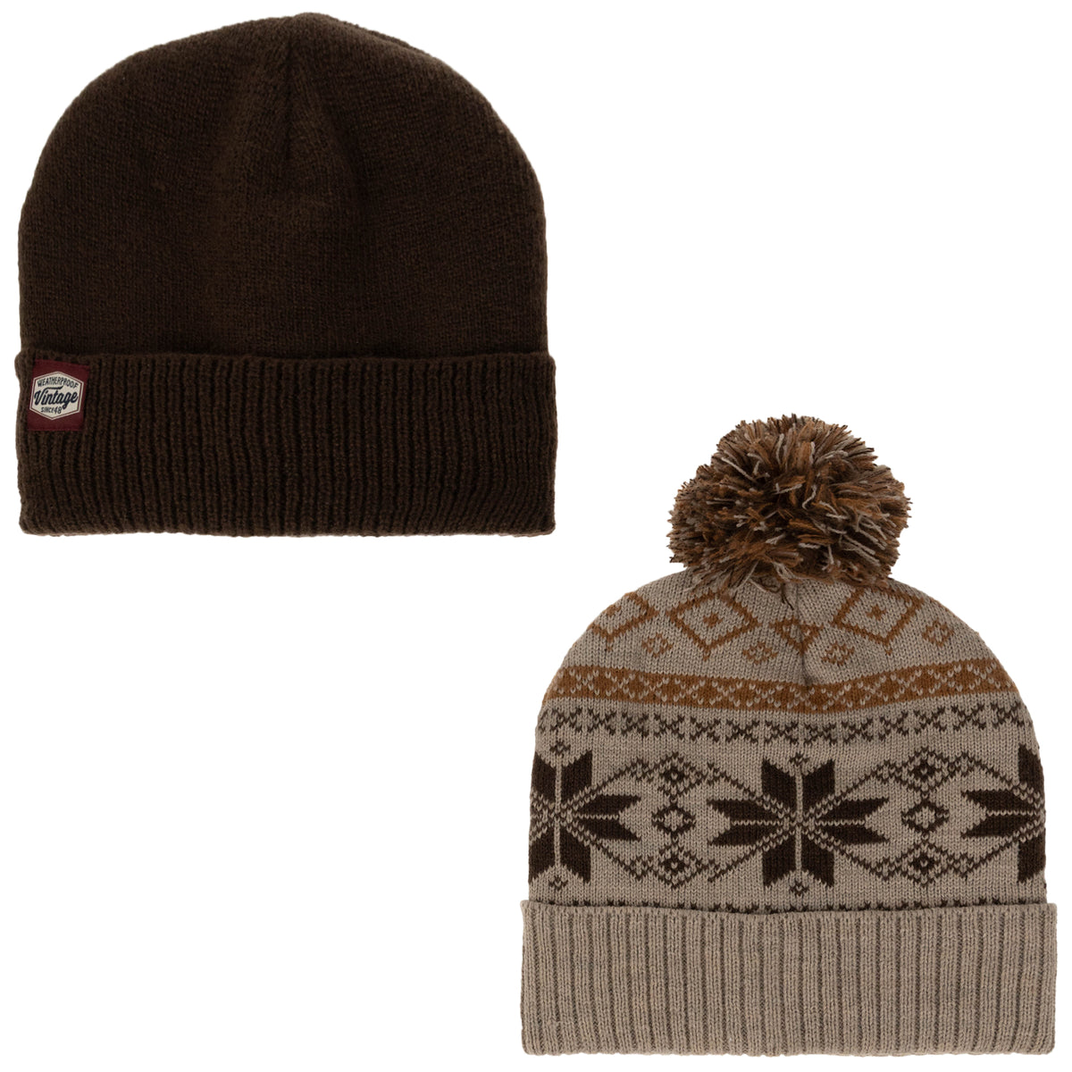 Weatherproof Vintage Fair Isle & Solid Beanie 2-Piece Set – Brown
