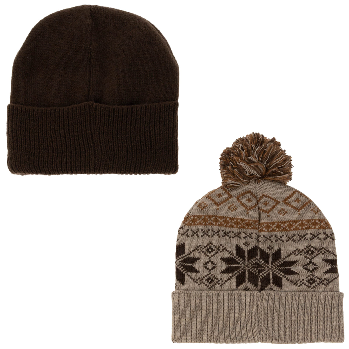 Weatherproof Vintage Fair Isle & Solid Beanie 2-Piece Set – Brown