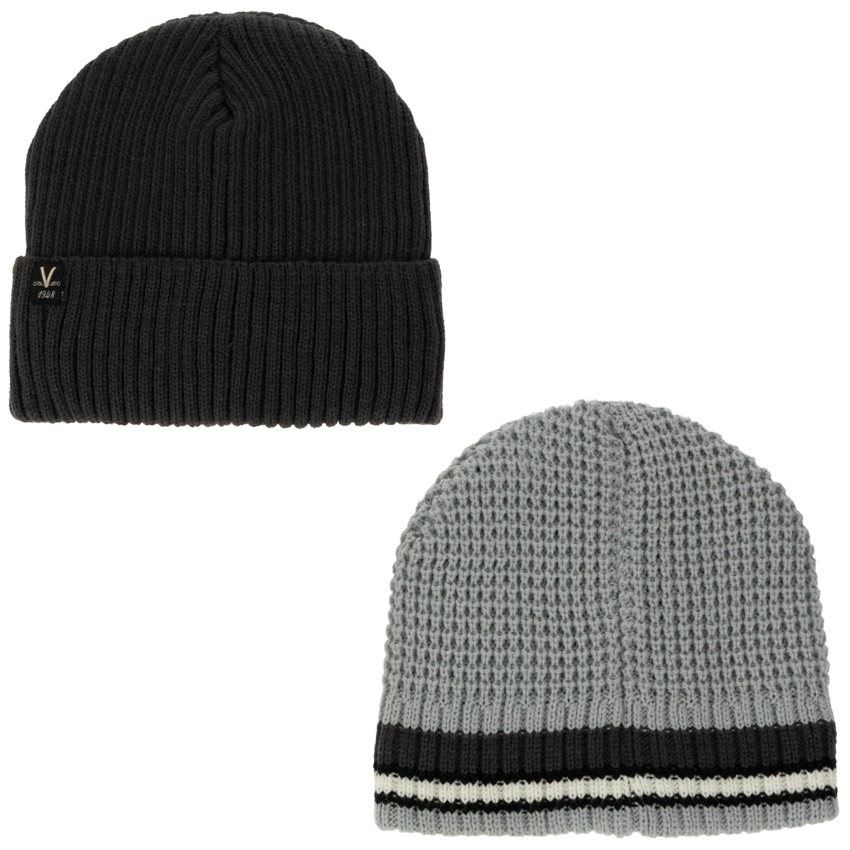 Weatherproof Vintage Waffle Stripe & Solid Beanie 2-Piece Set – Charcoal/Grey