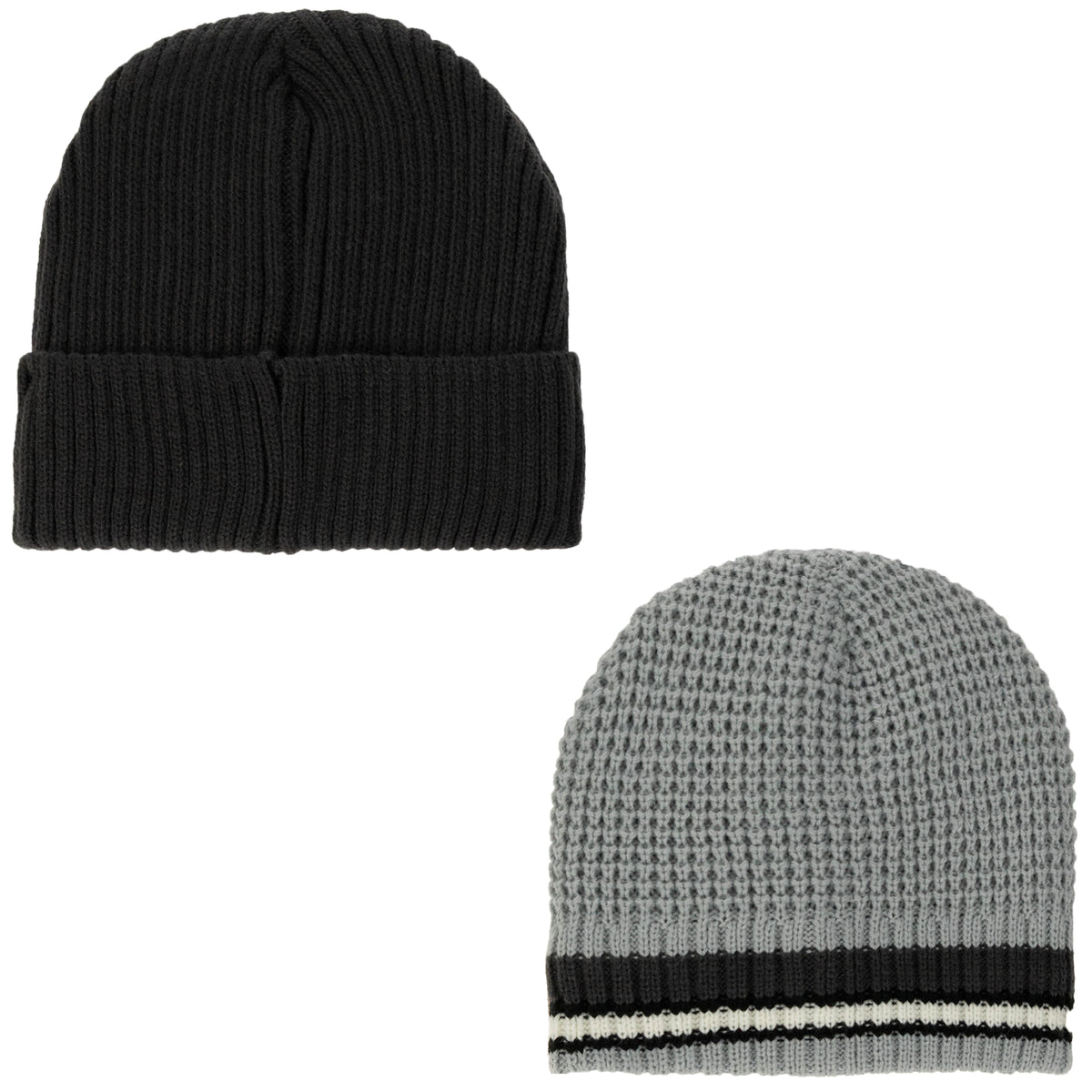 Weatherproof Vintage Waffle Stripe & Solid Beanie 2-Piece Set – Charcoal/Grey