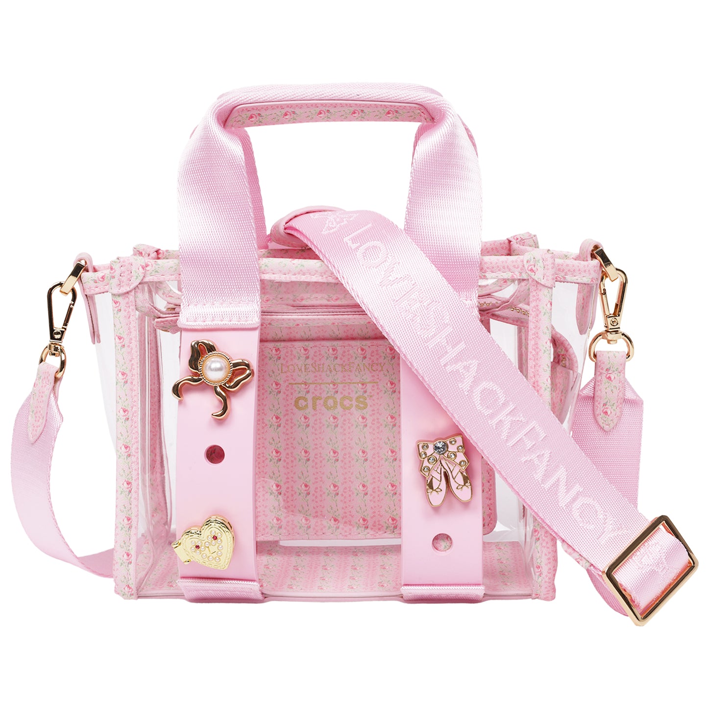 Crocs x LoveShackFancy Clear Mini Tote Crocssbody Bag With Charm details and Dust bag