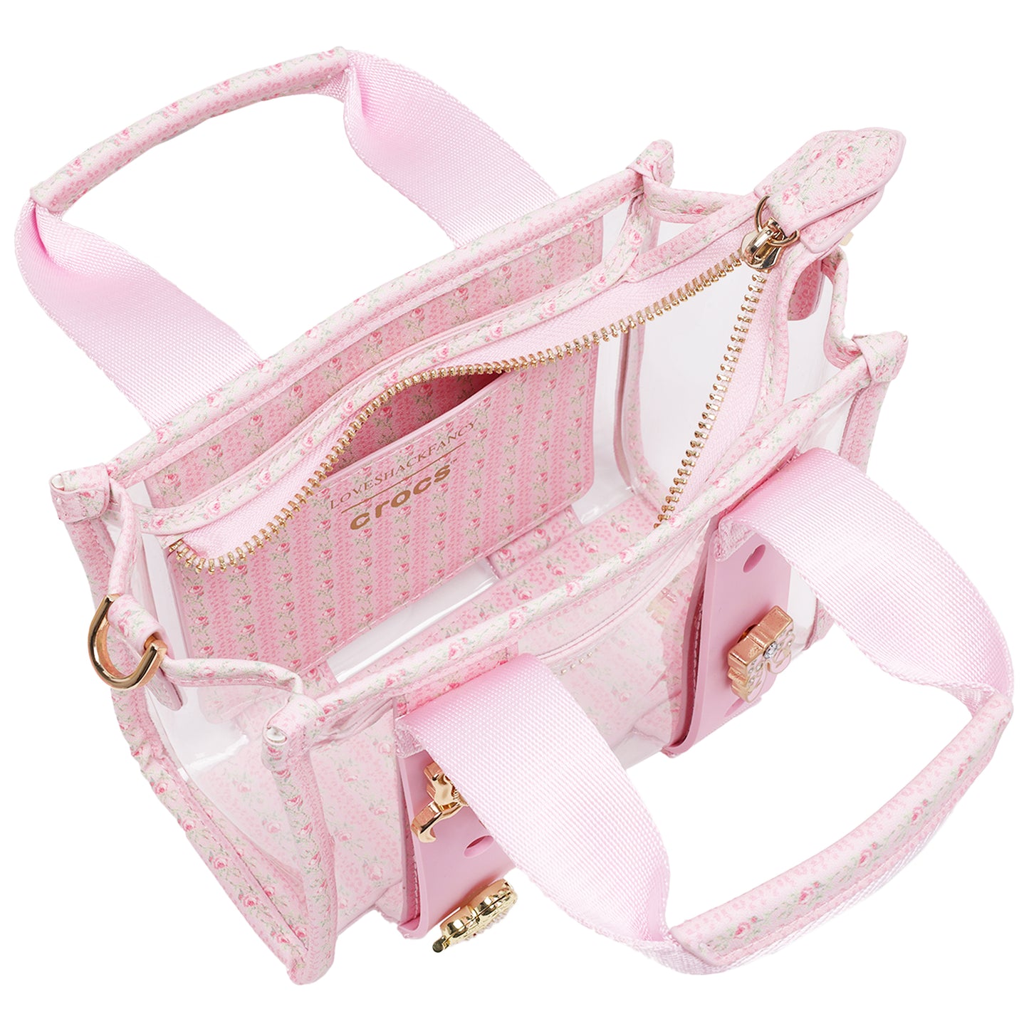Crocs x LoveShackFancy Clear Mini Tote Crocssbody Bag With Charm details and Dust bag