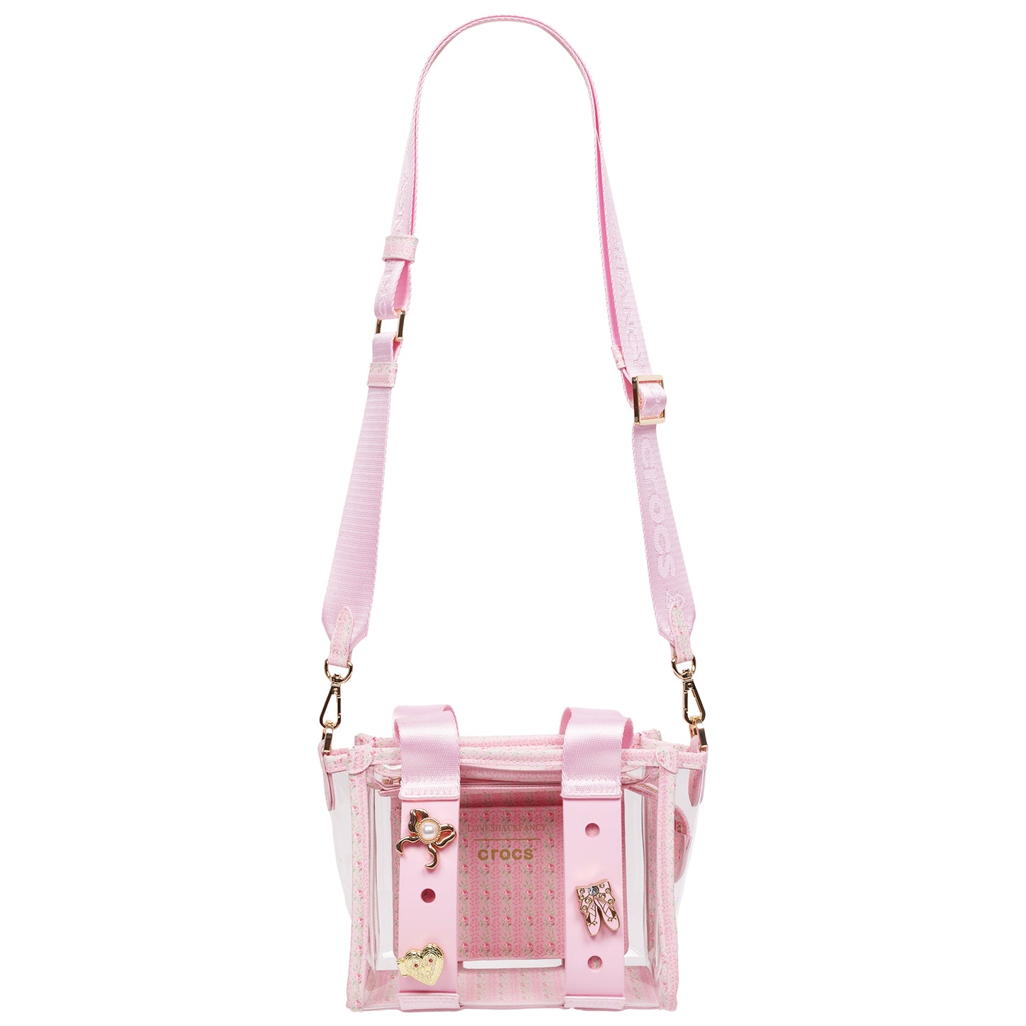Crocs x LoveShackFancy Clear Mini Tote Crocssbody Bag With Charm details and Dust bag