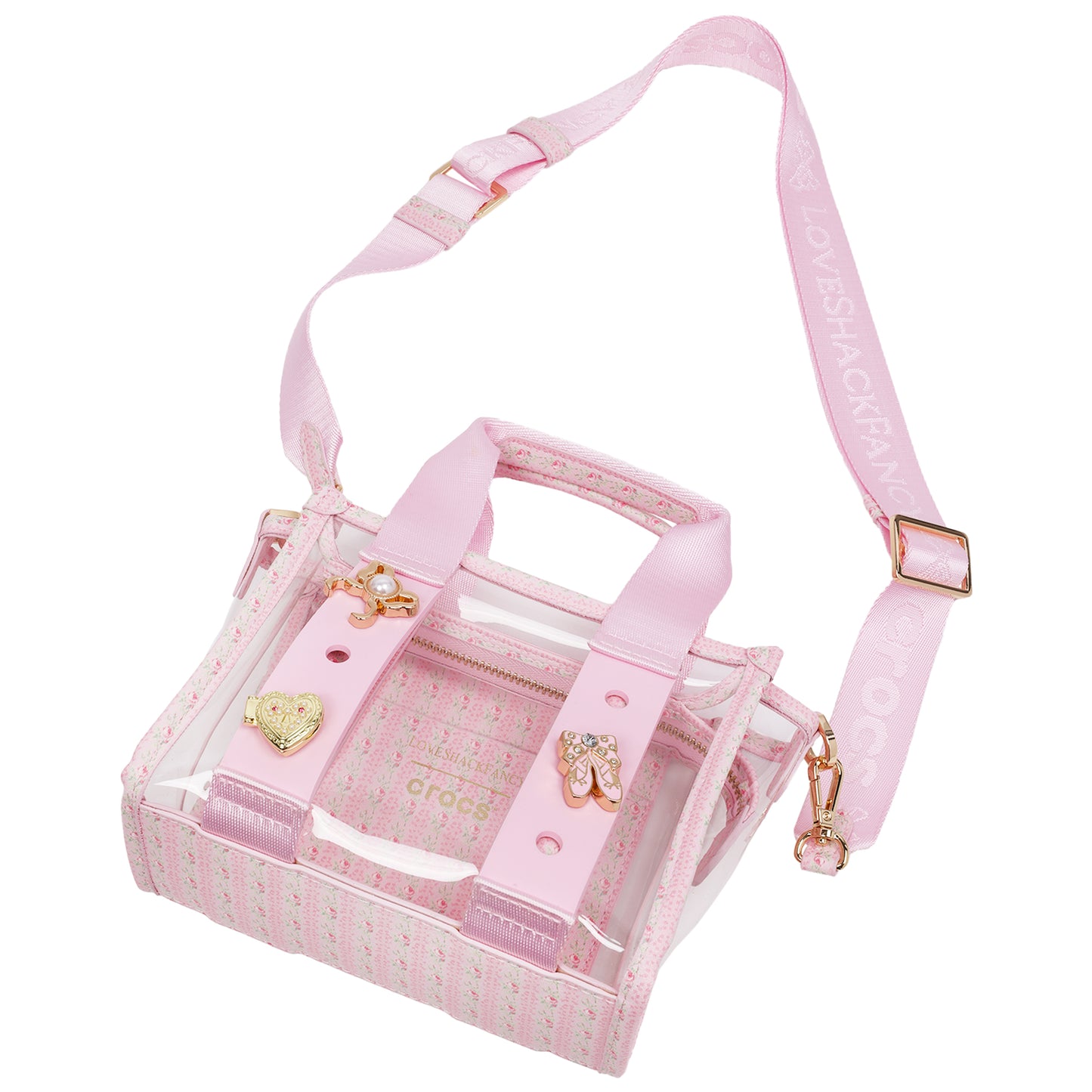 Crocs x LoveShackFancy Clear Mini Tote Crocssbody Bag With Charm details and Dust bag