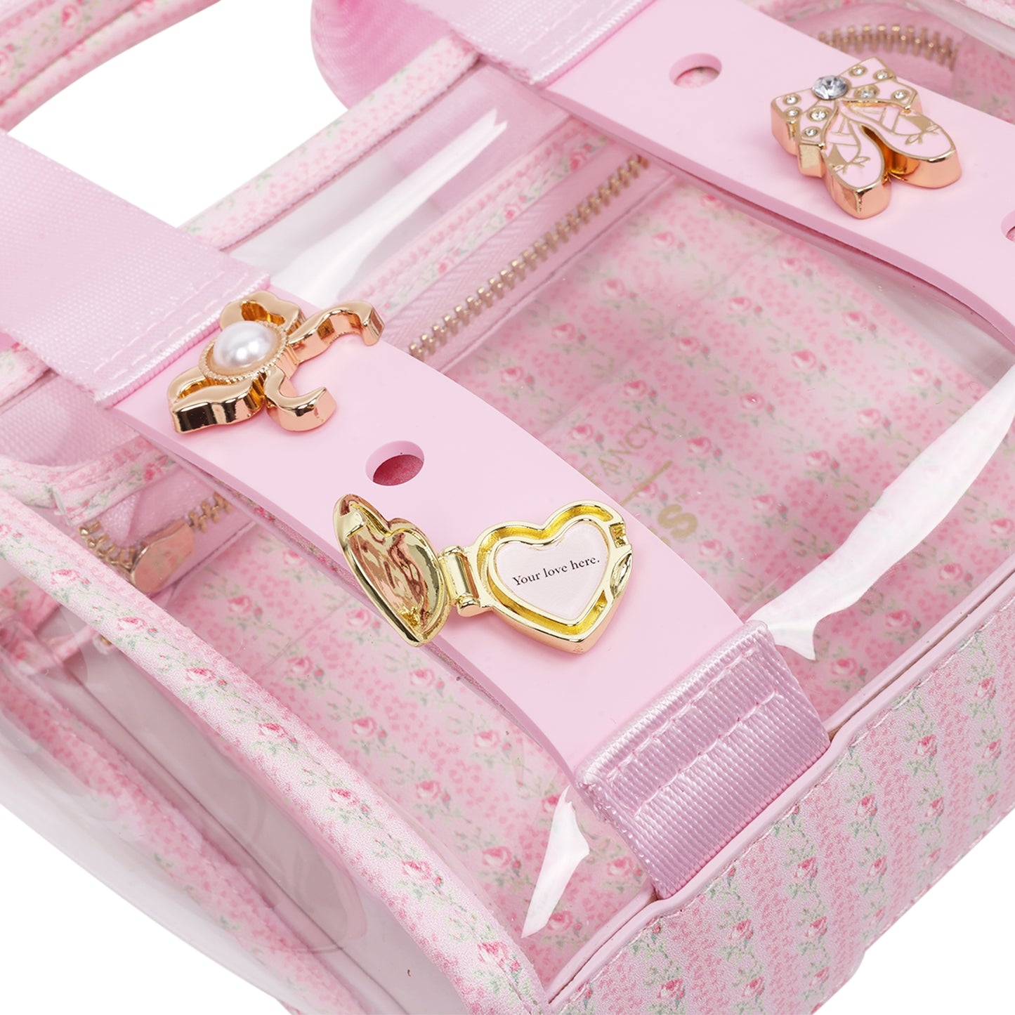 Crocs x LoveShackFancy Clear Mini Tote Crocssbody Bag With Charm details and Dust bag