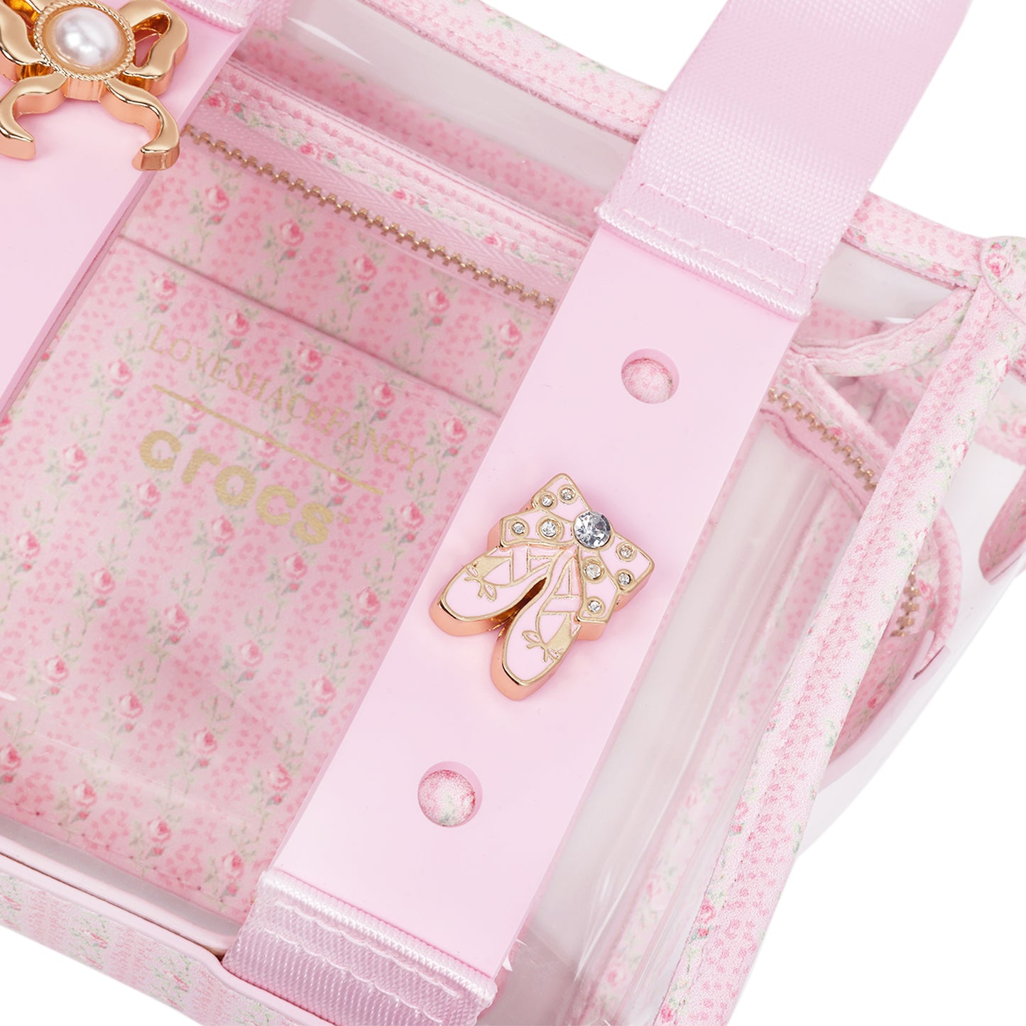 Crocs x LoveShackFancy Clear Mini Tote Crocssbody Bag With Charm details and Dust bag