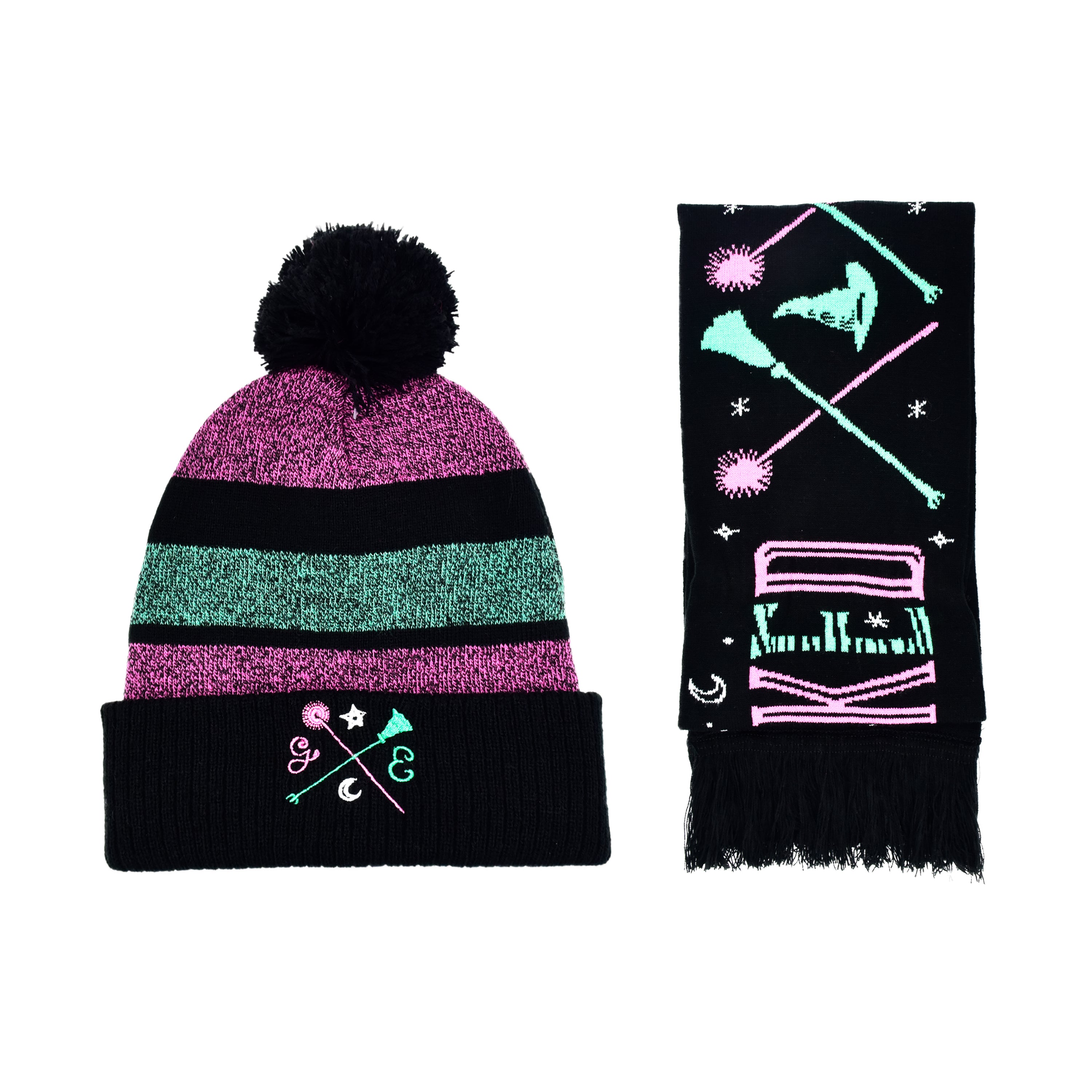 Wicked Wand & Broom Pink and Green Beanie & Scarf Set
