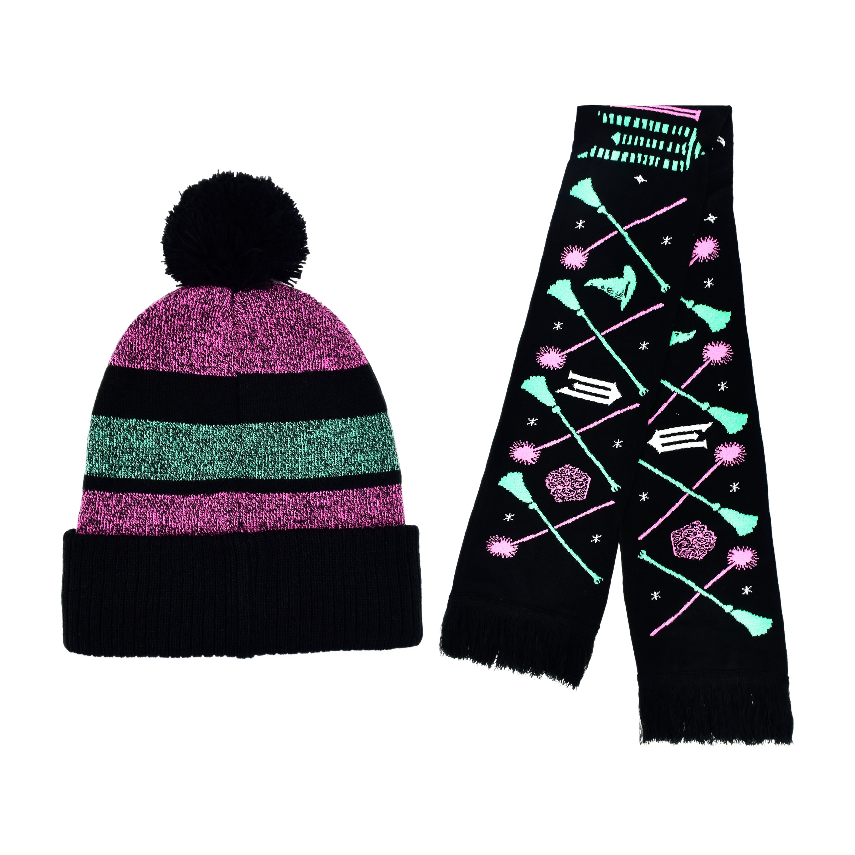 Wicked Wand & Broom Pink and Green Beanie & Scarf Set