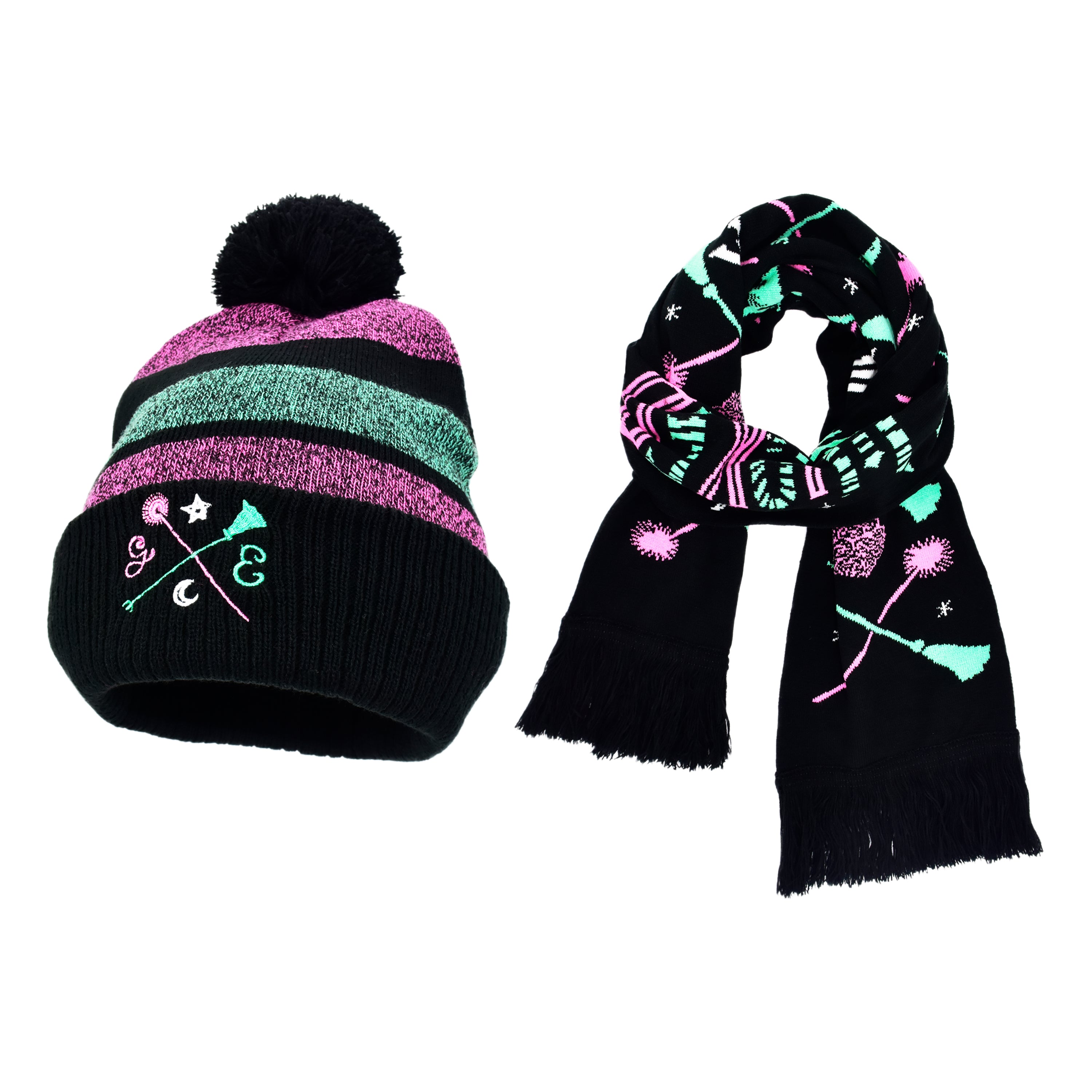 Wicked Wand & Broom Pink and Green Beanie & Scarf Set