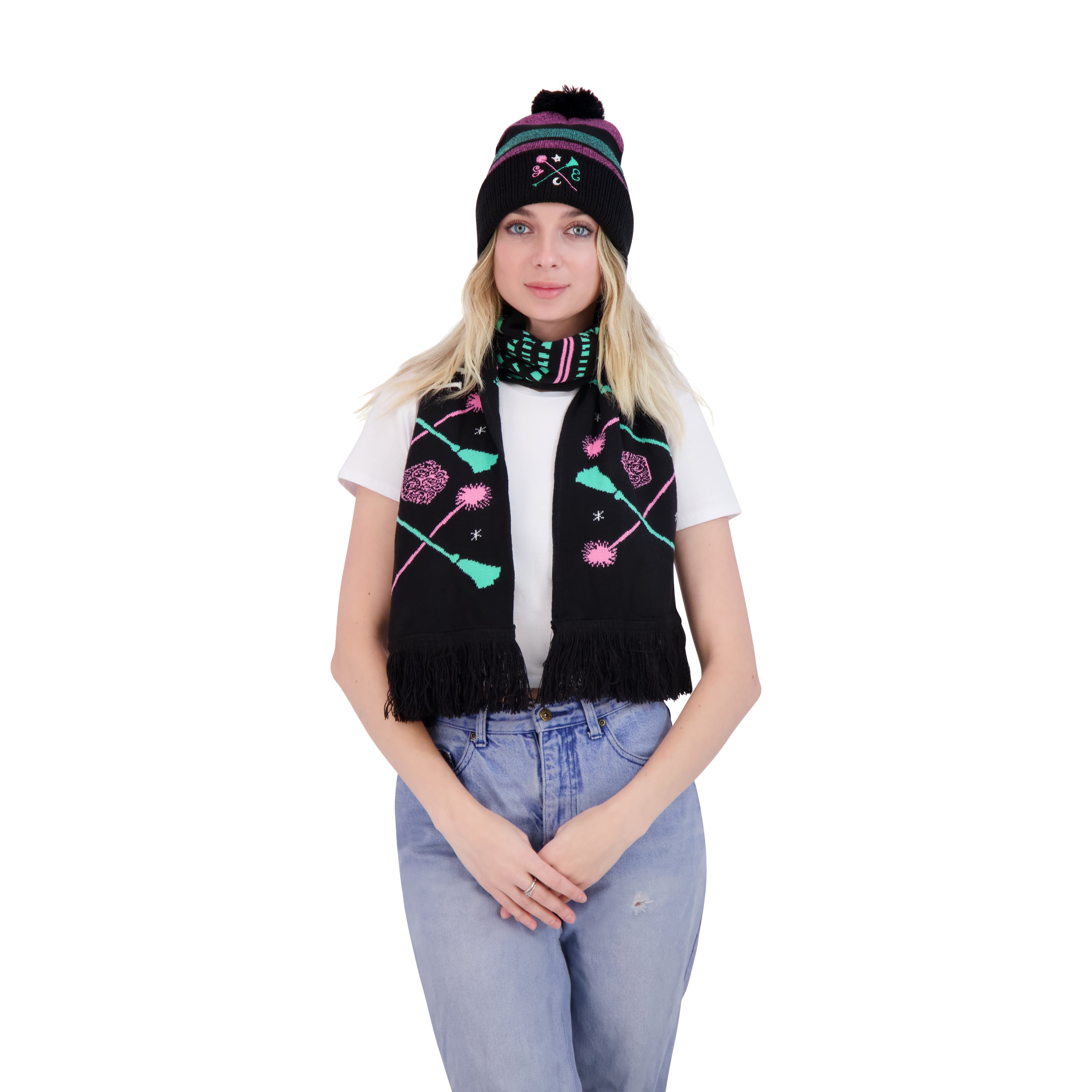 Wicked Wand & Broom Pink and Green Beanie & Scarf Set