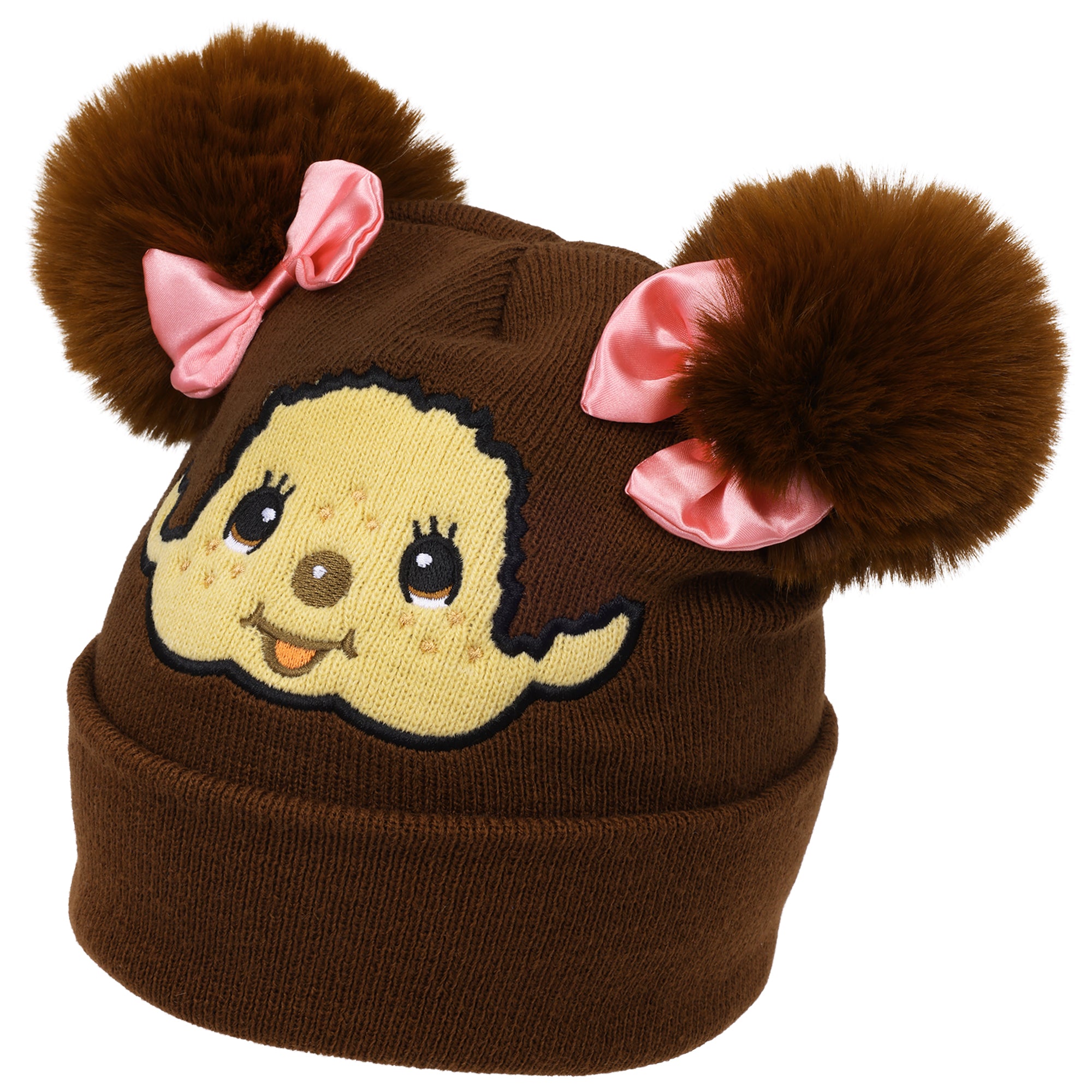 Monchhichi Girls Twin Pom-Pom Beanie with Pink Bows