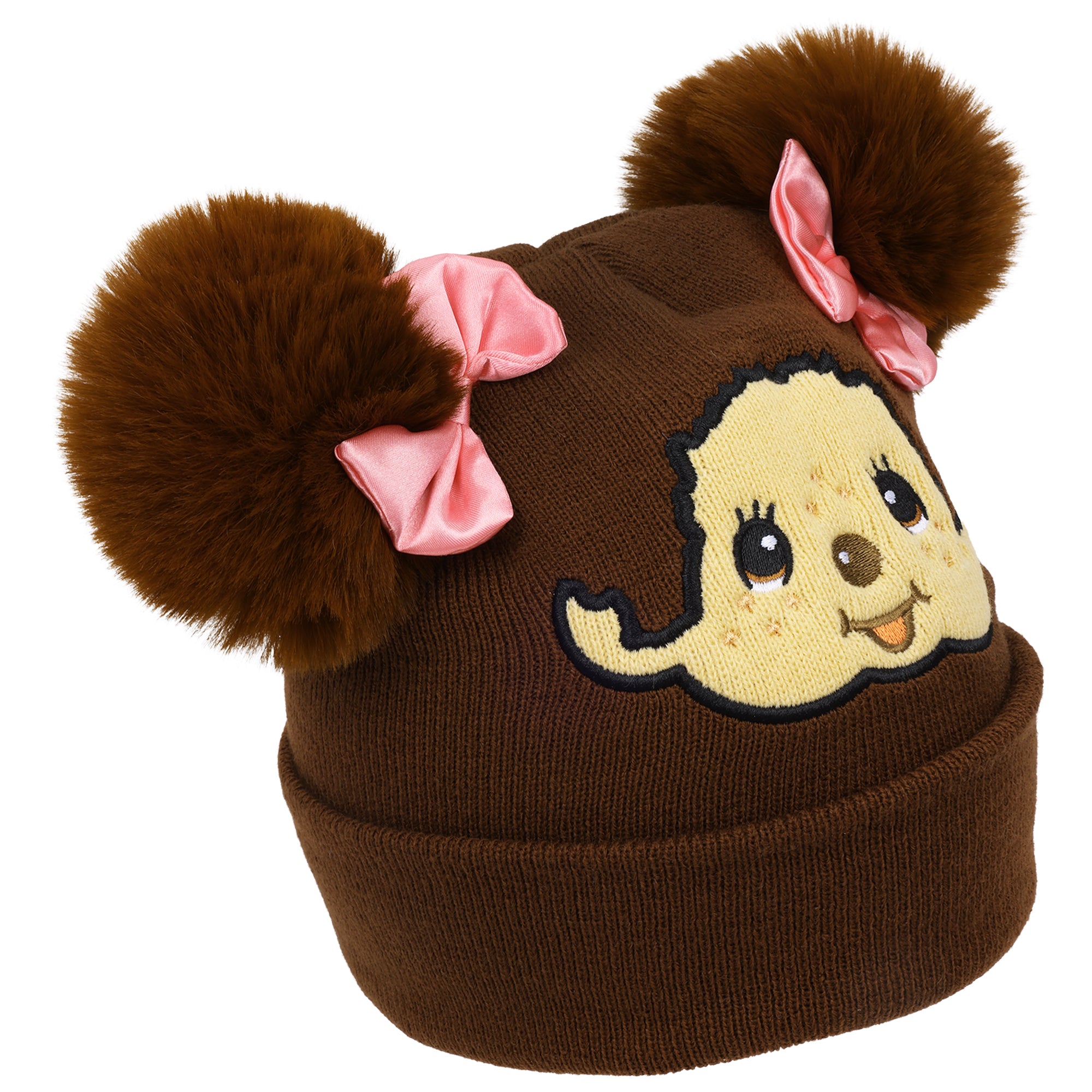Monchhichi Girls Twin Pom-Pom Beanie with Pink Bows